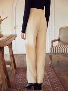 SHEIN Quần nữ Nút Túi Dây kéo màu trơn Thanh lịch - Màu be - Xem 2