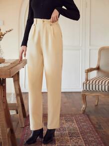 SHEIN Quần nữ Nút Túi Dây kéo màu trơn Thanh lịch - Màu be - Xem 3