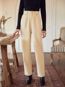 SHEIN Quần nữ Nút Túi Dây kéo màu trơn Thanh lịch - Màu be - Xem 1