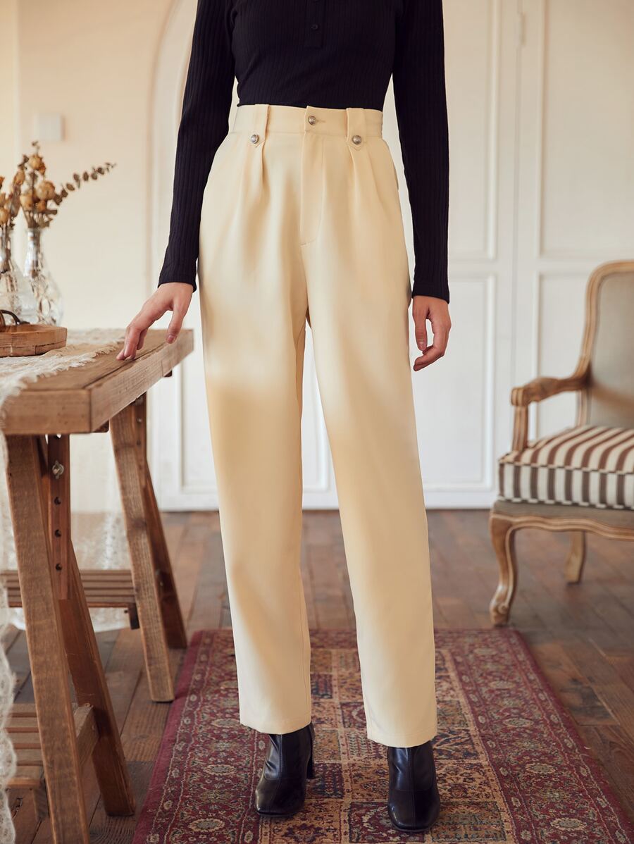 SHEIN Quần nữ Nút Túi Dây kéo màu trơn Thanh lịch - Màu be - Xem 1