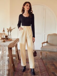 SHEIN Quần nữ Nút Túi Dây kéo màu trơn Thanh lịch - Màu be - Xem 6