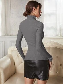 Modelyn 前鏤空高領套頭毛衣 - 灰色 - 查看 2