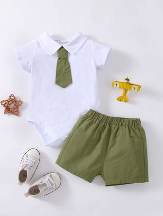Baby Button Back Bodysuit & Shorts With Tie