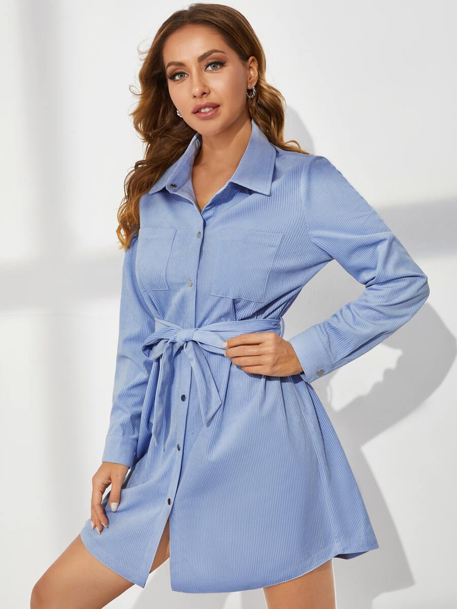 SHEIN Đầm Thắt lưng Nút phía trước màu trơn Giải trí - Màu xanh bụi bặm - Xem 1