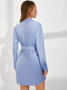 SHEIN Đầm Thắt lưng Nút phía trước màu trơn Giải trí - Màu xanh bụi bặm - Xem 2