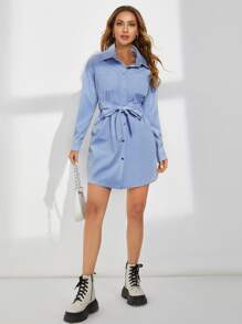 SHEIN Đầm Thắt lưng Nút phía trước màu trơn Giải trí - Màu xanh bụi bặm - Xem 3