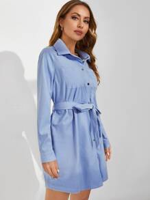 SHEIN Đầm Thắt lưng Nút phía trước màu trơn Giải trí - Màu xanh bụi bặm - Xem 4