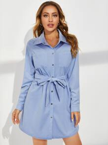 SHEIN Đầm Thắt lưng Nút phía trước màu trơn Giải trí - Màu xanh bụi bặm - Xem 5