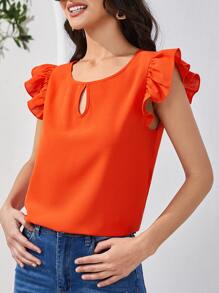 SHEIN VCAY Solid Ruffle Trim Keyhole Neck Blouse - Orange - View 3
