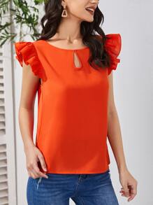 SHEIN VCAY Solid Ruffle Trim Keyhole Neck Blouse - Orange - View 4
