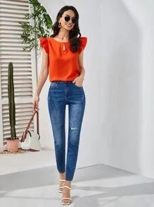 SHEIN VCAY Solid Ruffle Trim Keyhole Neck Blouse - Orange - View 5