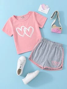 SHEIN 少女心印花t恤和對比邊綁定運動短褲 - 彩色 - 查看 1