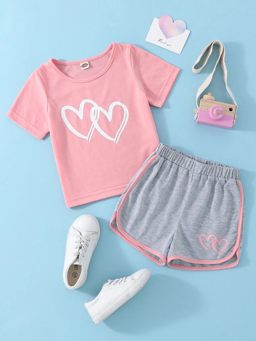 SHEIN 少女心印花t恤和對比邊綁定運動短褲 - 彩色 - 查看 1