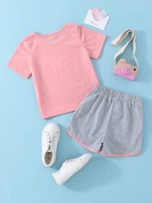 SHEIN 少女心印花t恤和對比邊綁定運動短褲 - 彩色 - 查看 2