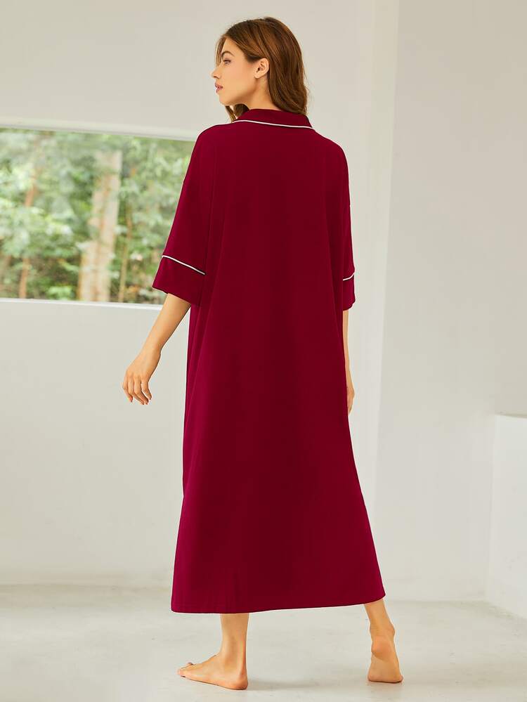 SHEIN Half Button Contrast Piping Nightdress - Burgundy - View 2
