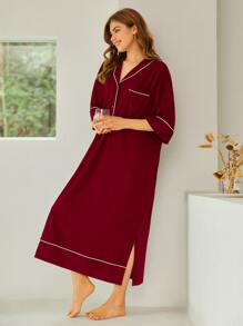 SHEIN Vestido de dormir con botón ribete en contraste - Burdeos - Ver 3