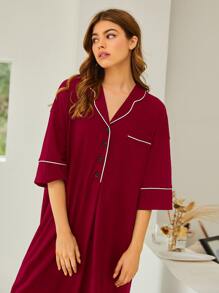 SHEIN Vestido de dormir con botón ribete en contraste - Burdeos - Ver 4