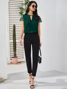 SHEIN Clasi Guipure Lace Sleeve Keyhole Neck  Blouse