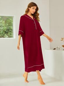 SHEIN Vestido de dormir con botón ribete en contraste - Burdeos - Ver 5