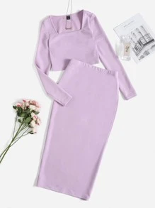 Mulvari 素色短款上衣和下擺開叉鉛筆裙套裝 - 紫丁香色 - 查看 1