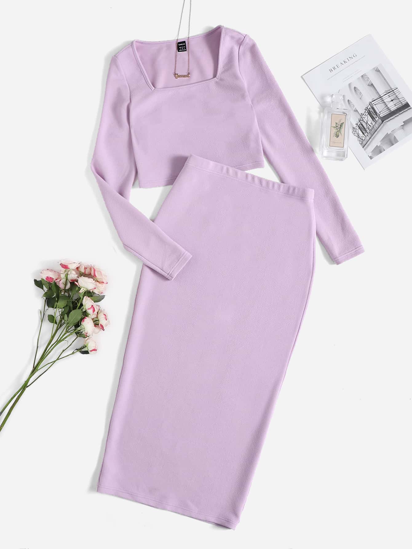 Mulvari 素色短款上衣和下擺開叉鉛筆裙套裝 - 紫丁香色 - 查看 1