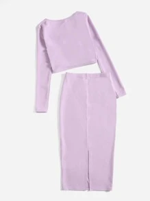 Mulvari 素色短款上衣和下擺開叉鉛筆裙套裝 - 紫丁香色 - 查看 2