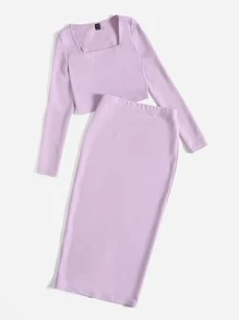 Mulvari 素色短款上衣和下擺開叉鉛筆裙套裝 - 紫丁香色 - 查看 4