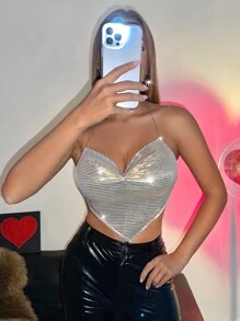 SHEIN SXY Backless Ruched Bandana Chain Detail Metallic Halter Top - Gold - View 1