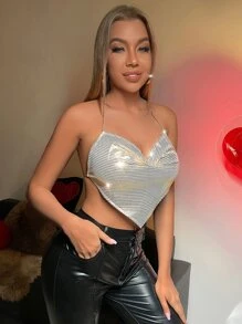 SHEIN SXY Backless Ruched Bandana Chain Detail Metallic Halter Top - Gold - View 5