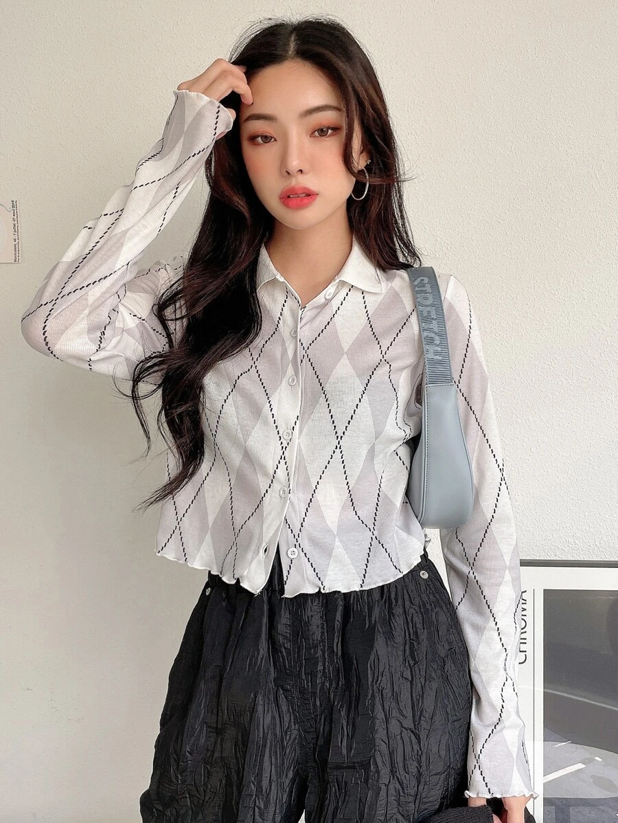 DAZY Argyle Print Rau diếp Trim Top Không có áo ngực - trắng - Xem 1