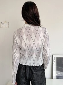 DAZY Argyle Print Rau diếp Trim Top Không có áo ngực - trắng - Xem 2