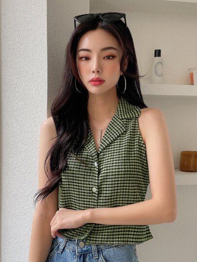 Kariertes Bluse mit Stehkragen Sommer, Crop Tops Damen Ausgeh Tops