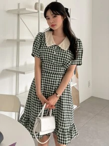 DAZY Plaid Print Contrast Collar Puff Sleeve Ruffle Hem Dress - Multicolor - View 1