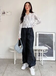 DAZY Argyle Print Rau diếp Trim Top Không có áo ngực - trắng - Xem 3