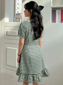 DAZY Plaid Print Contrast Collar Puff Sleeve Ruffle Hem Dress - Multicolor - View 2