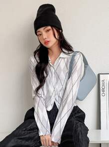 DAZY Argyle Print Rau diếp Trim Top Không có áo ngực - trắng - Xem 4