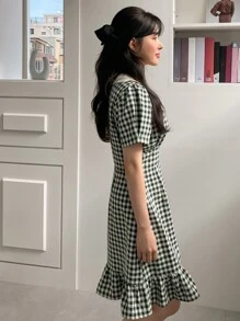 DAZY Plaid Print Contrast Collar Puff Sleeve Ruffle Hem Dress - Multicolor - View 3