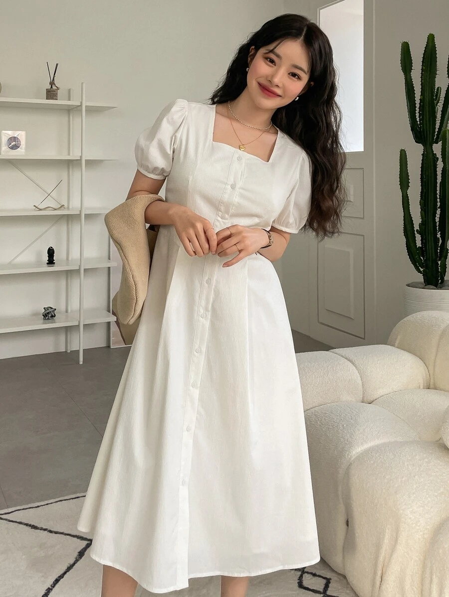 DAZY Square Neck Puff Sleeve Button Front Dress - Beige - View 1