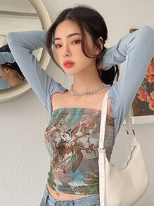 DAZY Crop Top Con Estampado De Ángel Y Árbol - Multicolor - Ver 6