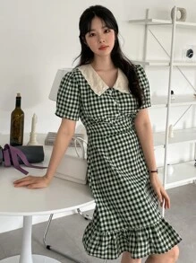 DAZY Plaid Print Contrast Collar Puff Sleeve Ruffle Hem Dress - Multicolor - View 4