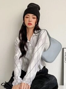 DAZY Argyle Print Rau diếp Trim Top Không có áo ngực - trắng - Xem 5