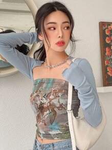 DAZY Crop Top Con Estampado De Ángel Y Árbol - Multicolor - Ver 7