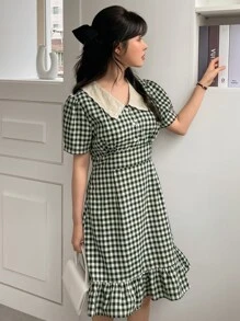 DAZY Plaid Print Contrast Collar Puff Sleeve Ruffle Hem Dress - Multicolor - View 5
