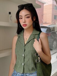 DAZY Plaid Lapel Collar Textured Blouse Summer,Crop Tops Women