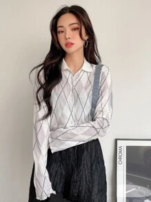 DAZY Argyle Print Rau diếp Trim Top Không có áo ngực - trắng - Xem 6