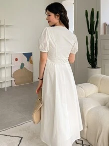 DAZY Square Neck Puff Sleeve Button Front Dress - Beige - View 2