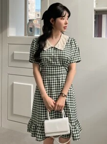 DAZY Plaid Print Contrast Collar Puff Sleeve Ruffle Hem Dress - Multicolor - View 6