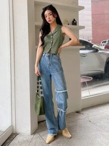 DAZY Plaid Lapel Collar Textured Blouse Summer,Crop Tops Women