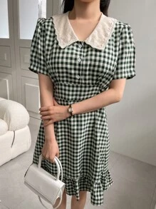 DAZY Plaid Print Contrast Collar Puff Sleeve Ruffle Hem Dress - Multicolor - View 7