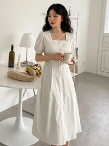 DAZY Square Neck Puff Sleeve Button Front Dress - Beige - View 3